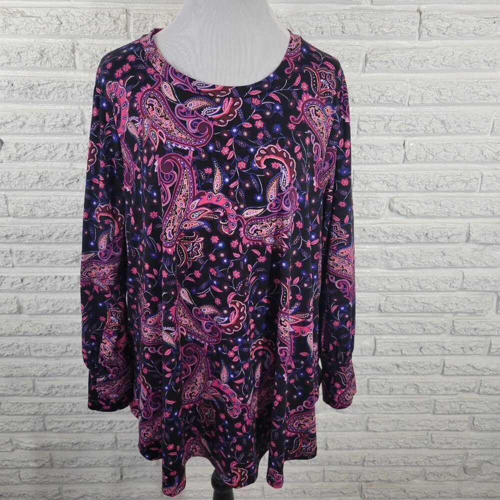 Lane Bryant Womens Top 18 20 Plus Tunic Black Purple Paisley Poly Blend PAI22E